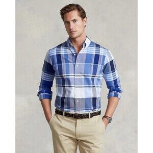 Ralph Lauren Men's Blue Gray Oxford Button Up LS Shirt‎ Plaid SZ Lg Tall Crisp